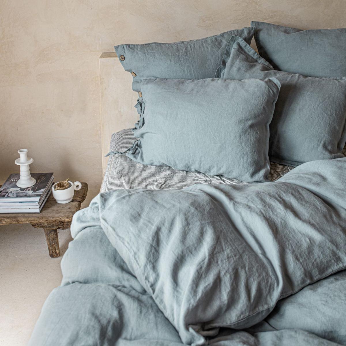 Dusty Blue Buttoned Linen Pillowcase – image 2