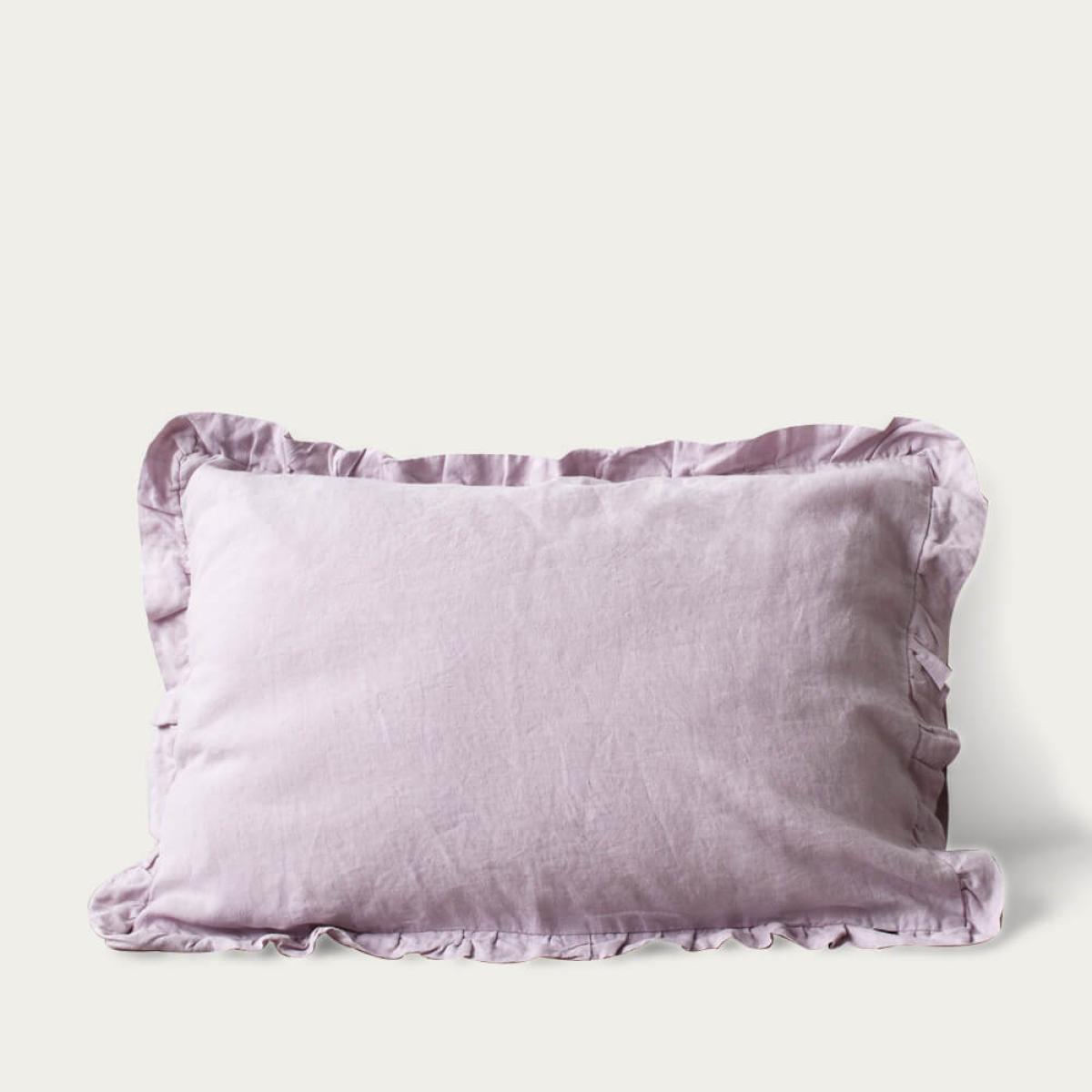 Pink Lavender Frilled Washed Linen Pillow Case