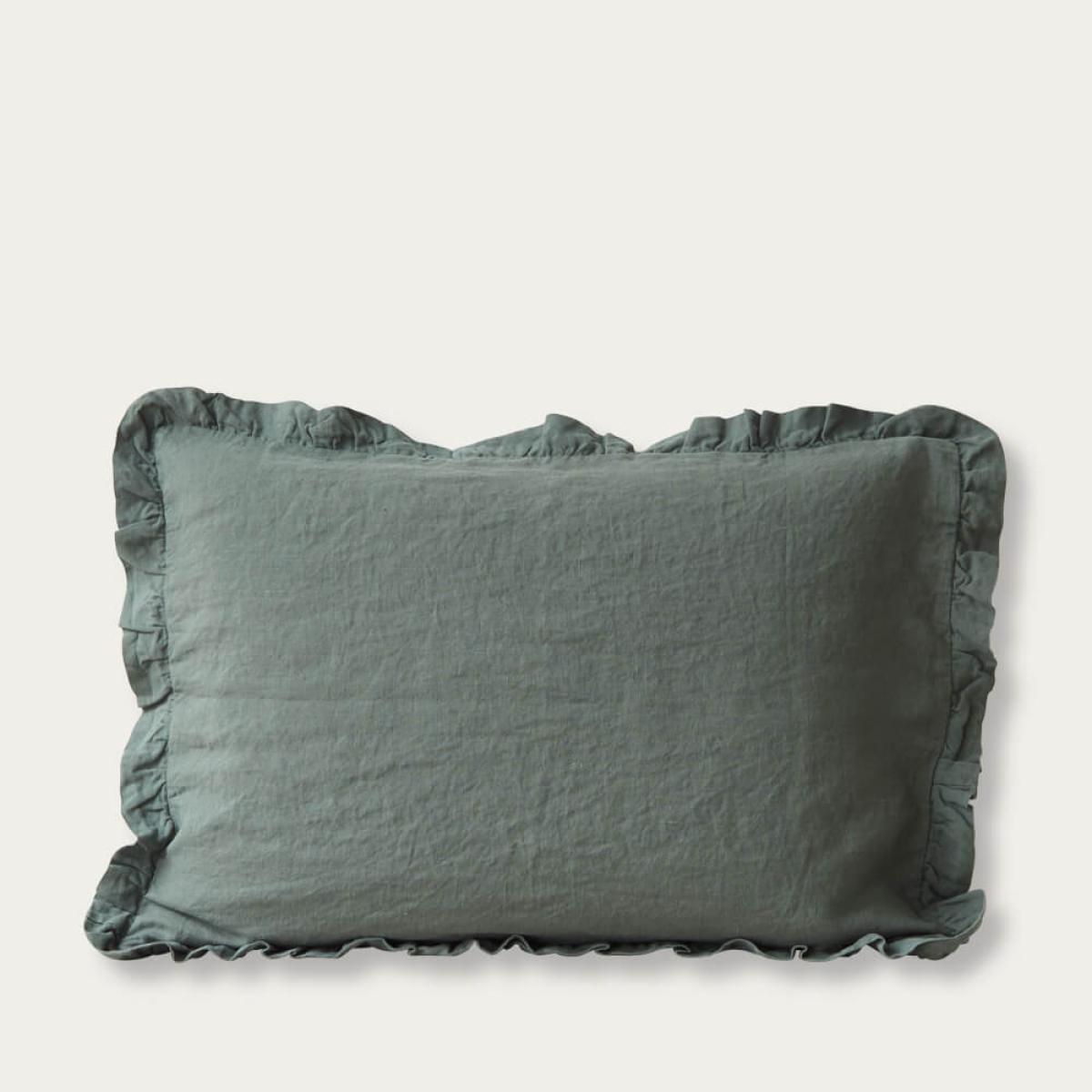 Forest Green Frilled Washed Linen Pillow Case