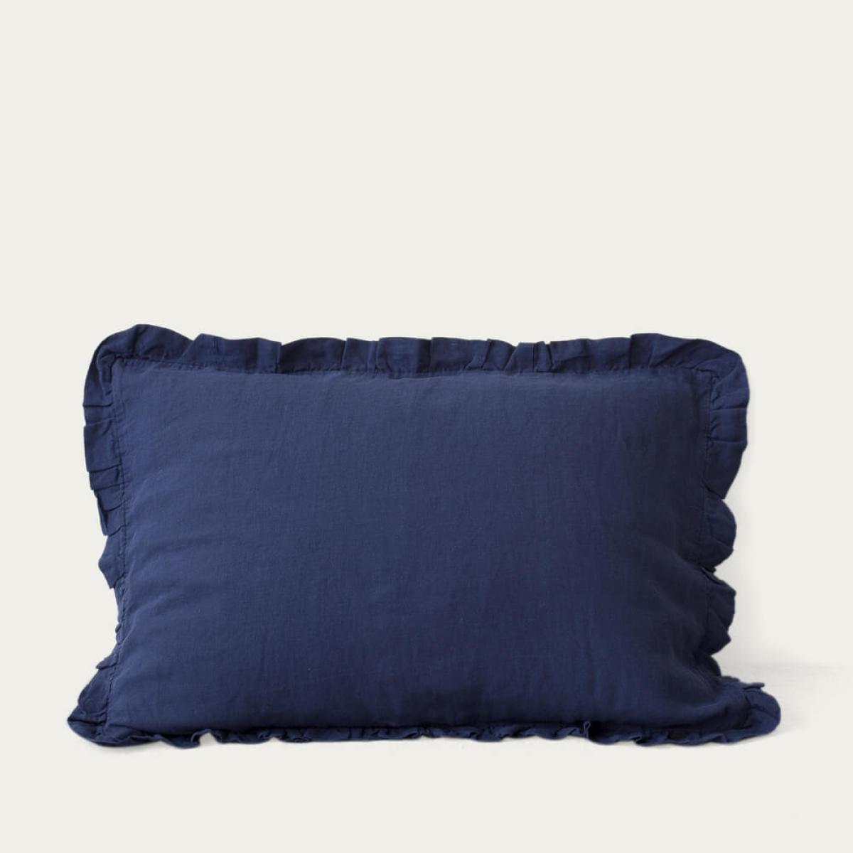 Navy Frilled Washed Linen Pillow Case