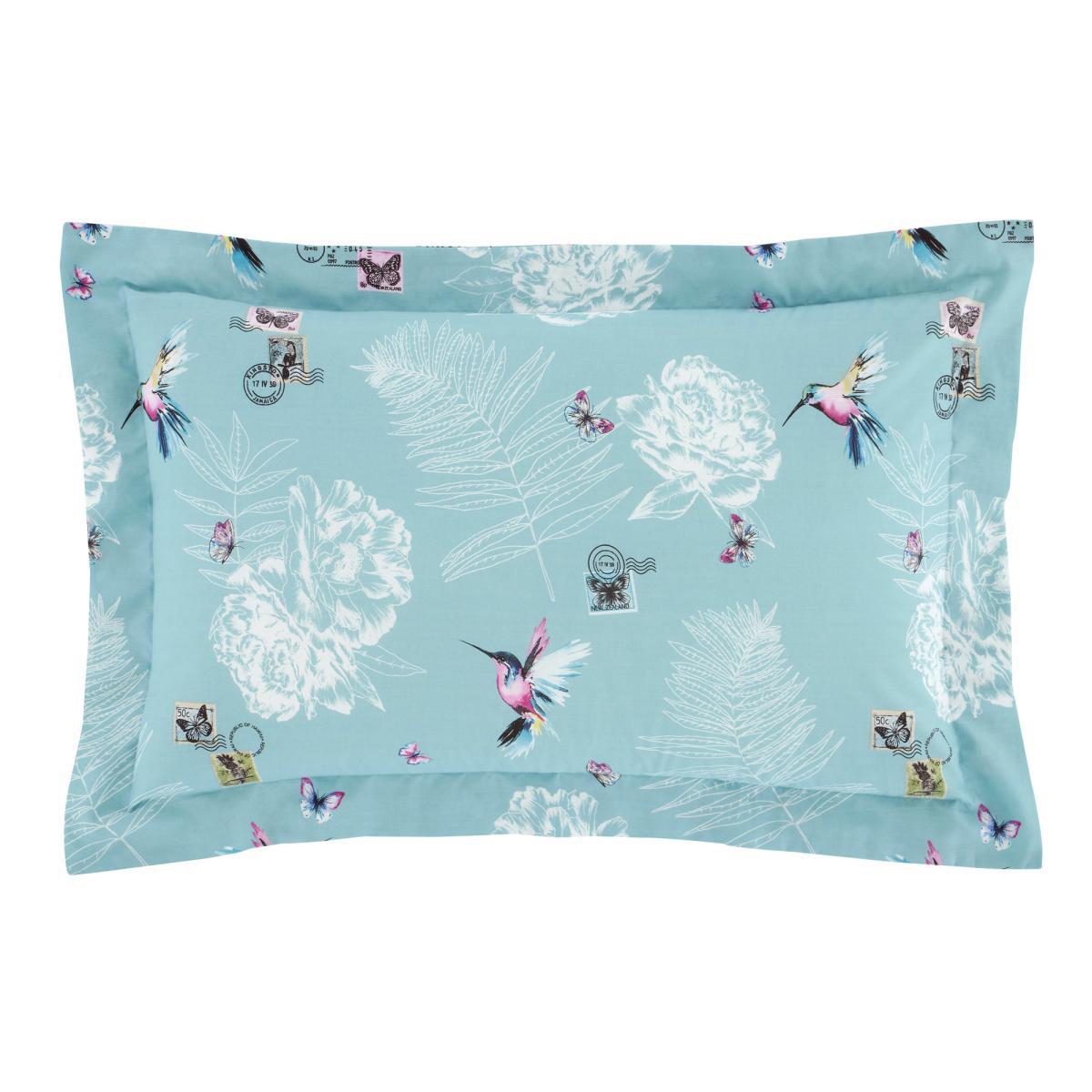 Heavenly Hummingbird Duck Egg Oxford Pillowcase Blue, White and Pink – image 2