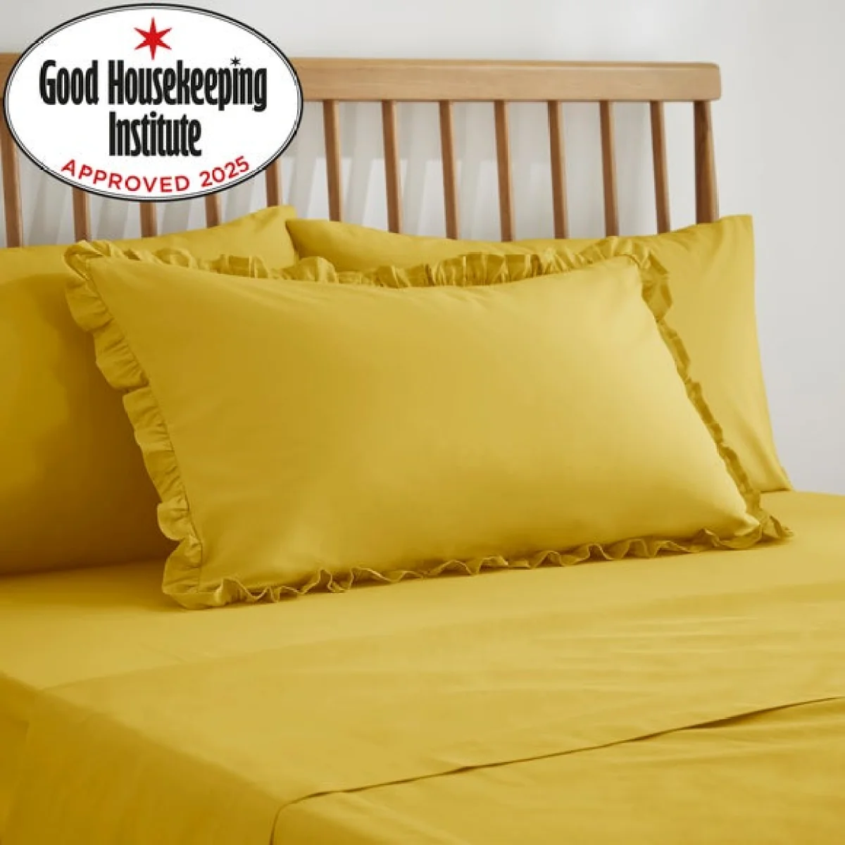 Pure Cotton Plain Dye Frilled Pillowcase Yellow-Ochre – image 2