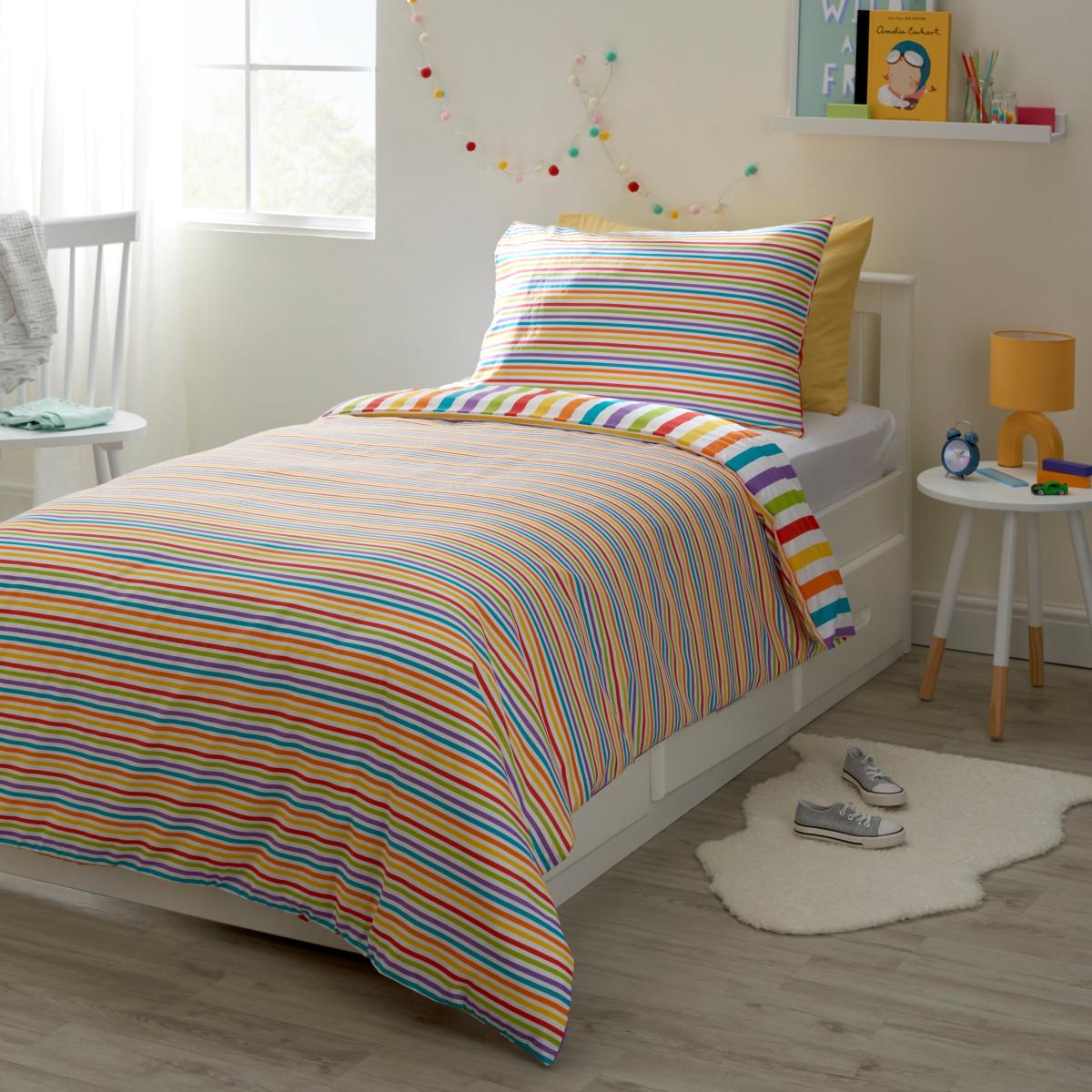 Rainbow Stripe Microfibre Duvet Cover and Pillowcase Set MultiColoured – image 2