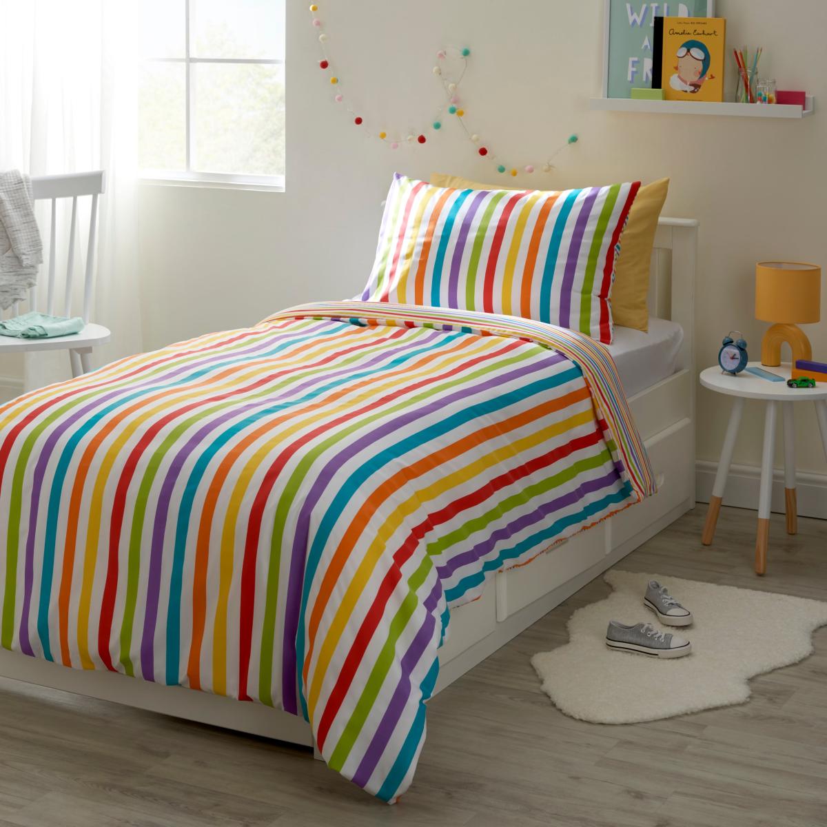 Rainbow Stripe Microfibre Duvet Cover and Pillowcase Set MultiColoured – image 1