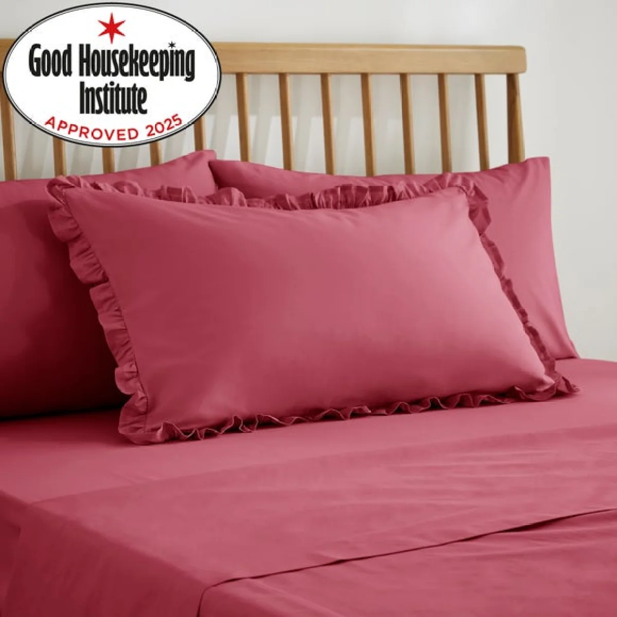 Pure Cotton Plain Dye Frilled Pillowcase Rhubarb – image 2