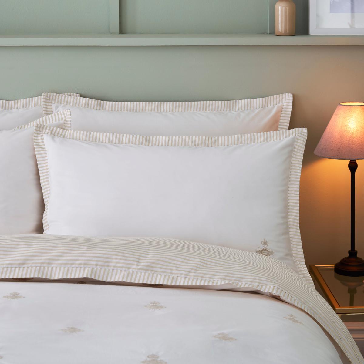 Dorma Bee Embroidery 100% Cotton Oxford Pillowcase Pair Brown/White – image 4