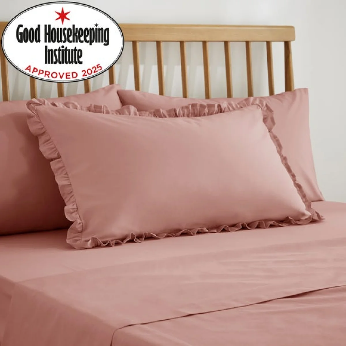 Pure Cotton Plain Dye Frilled Pillowcase Dusty Pink – image 2