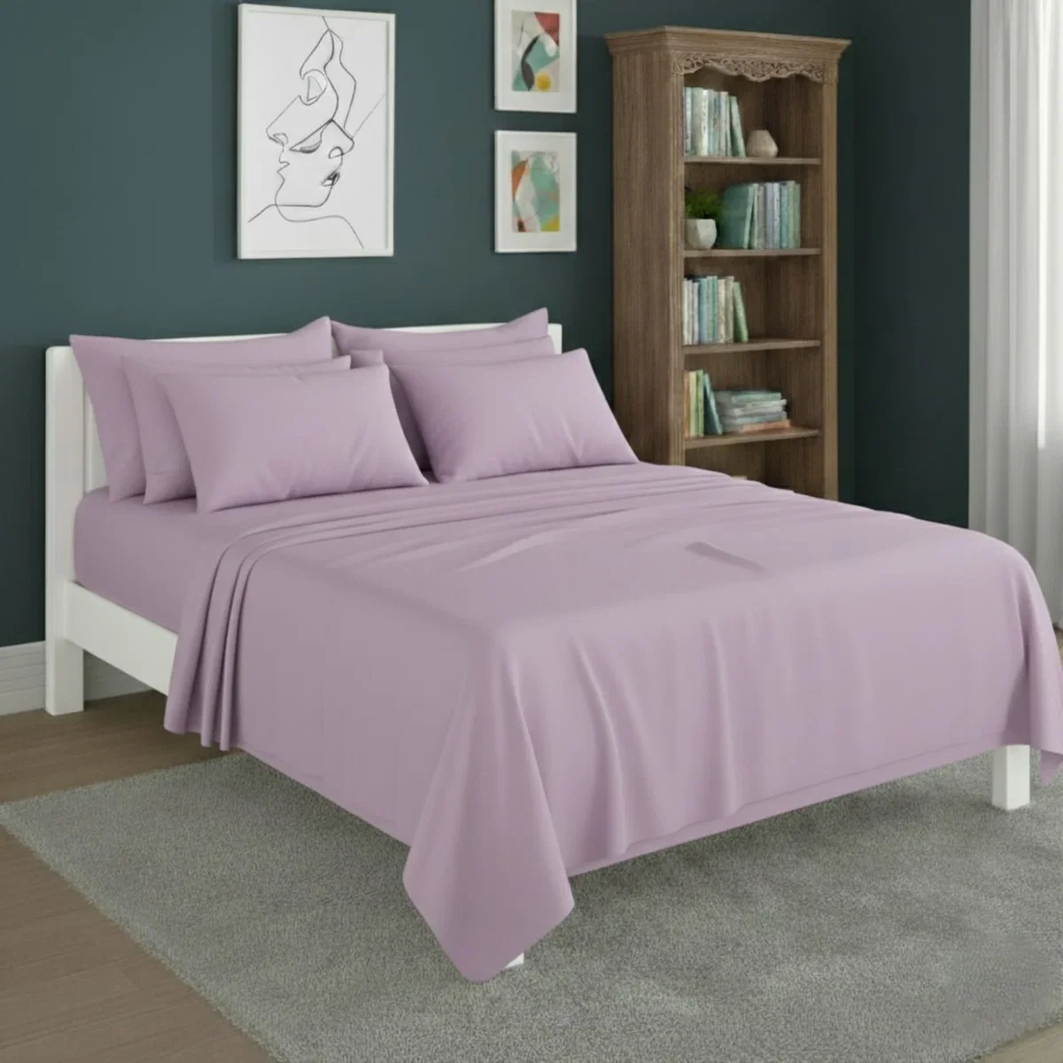 Plain Poly Cotton Easy Care Fitted Flat Sheet Matching Pillowcases Set - Lilac / Double – image 1