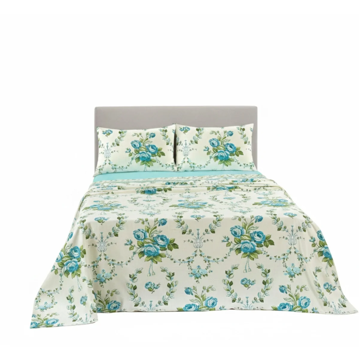 Soft Floral Brushed Cotton Fitted Flat Sheet And Matching Pillowcases - Teal / Single – image 3