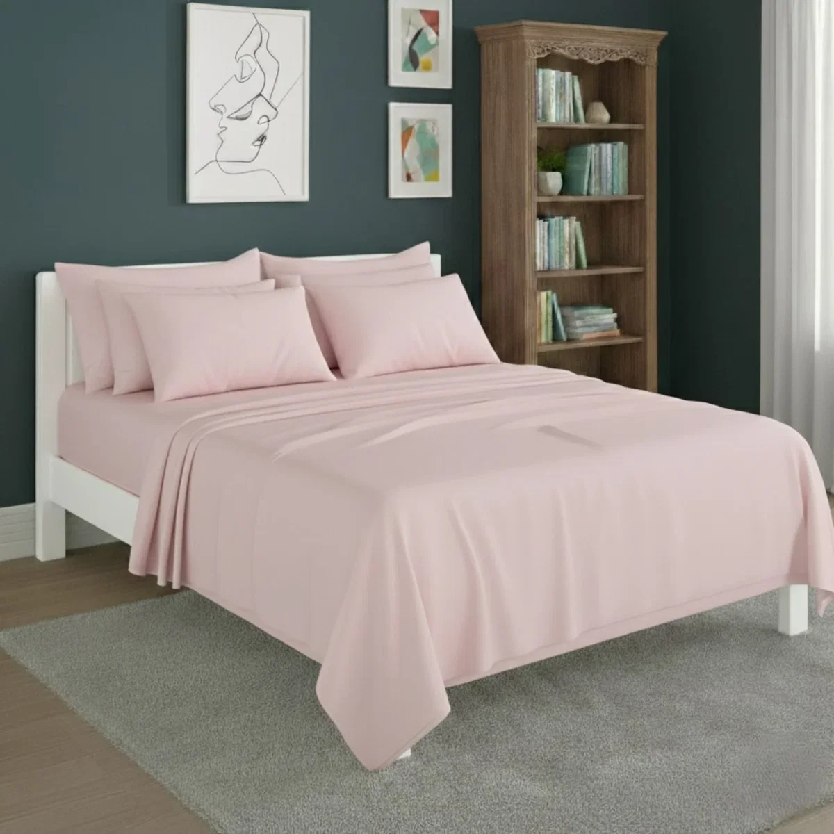 Plain Poly Cotton Easy Care Fitted Flat Sheet Matching Pillowcases Set - Pink / Superking – image 1