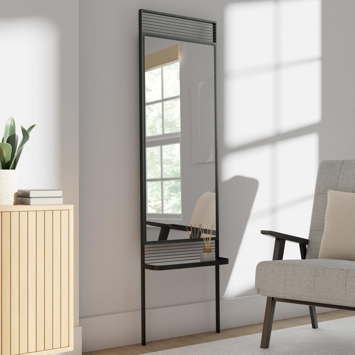 Elements Free Standing Mirror with Shelf Black – image 1