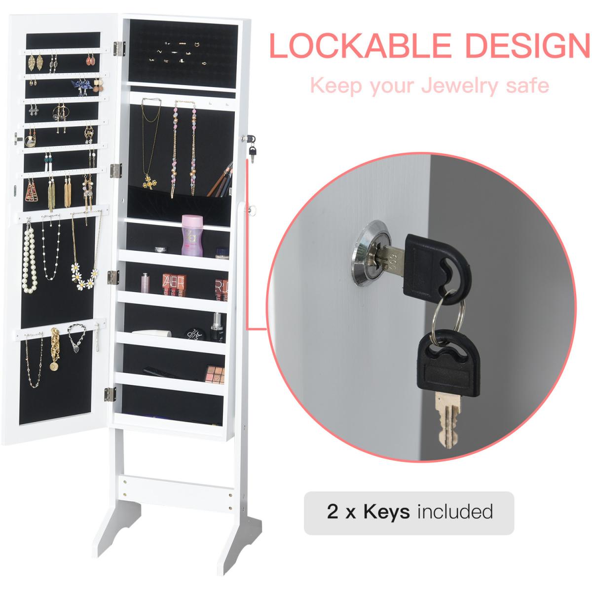 Freestanding Mirror and  Lockable Jewellery Storage - White – image 9