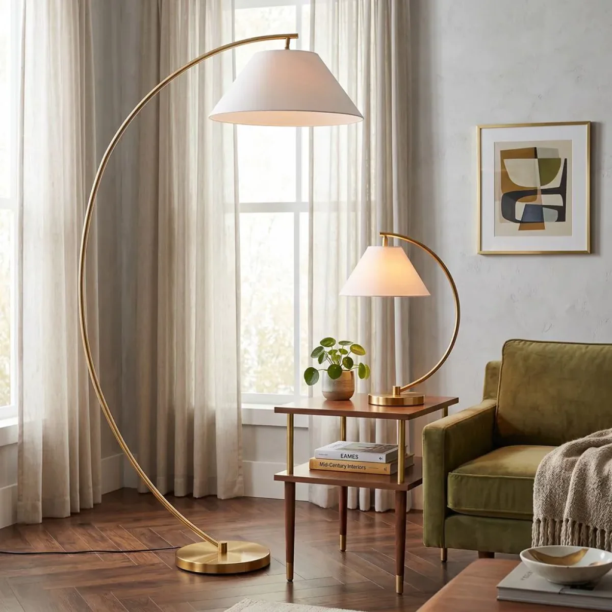 Nellie Curved Floor Lamp, Satin Brass – image 6