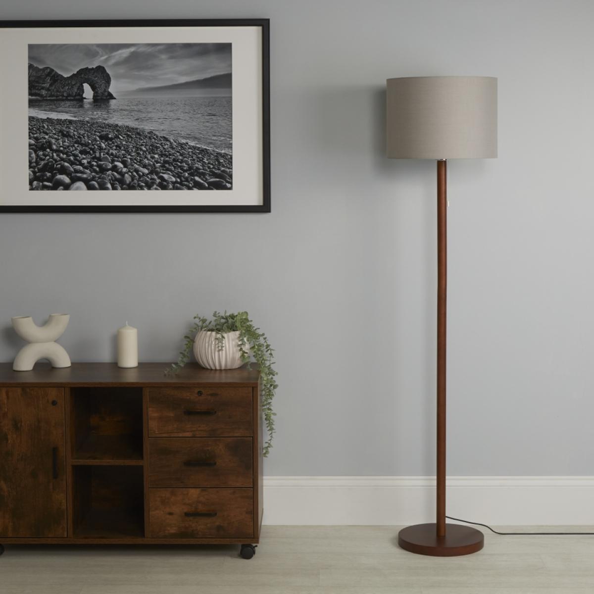 Dark Wood Floor Lamp with Grey Shade – image 3