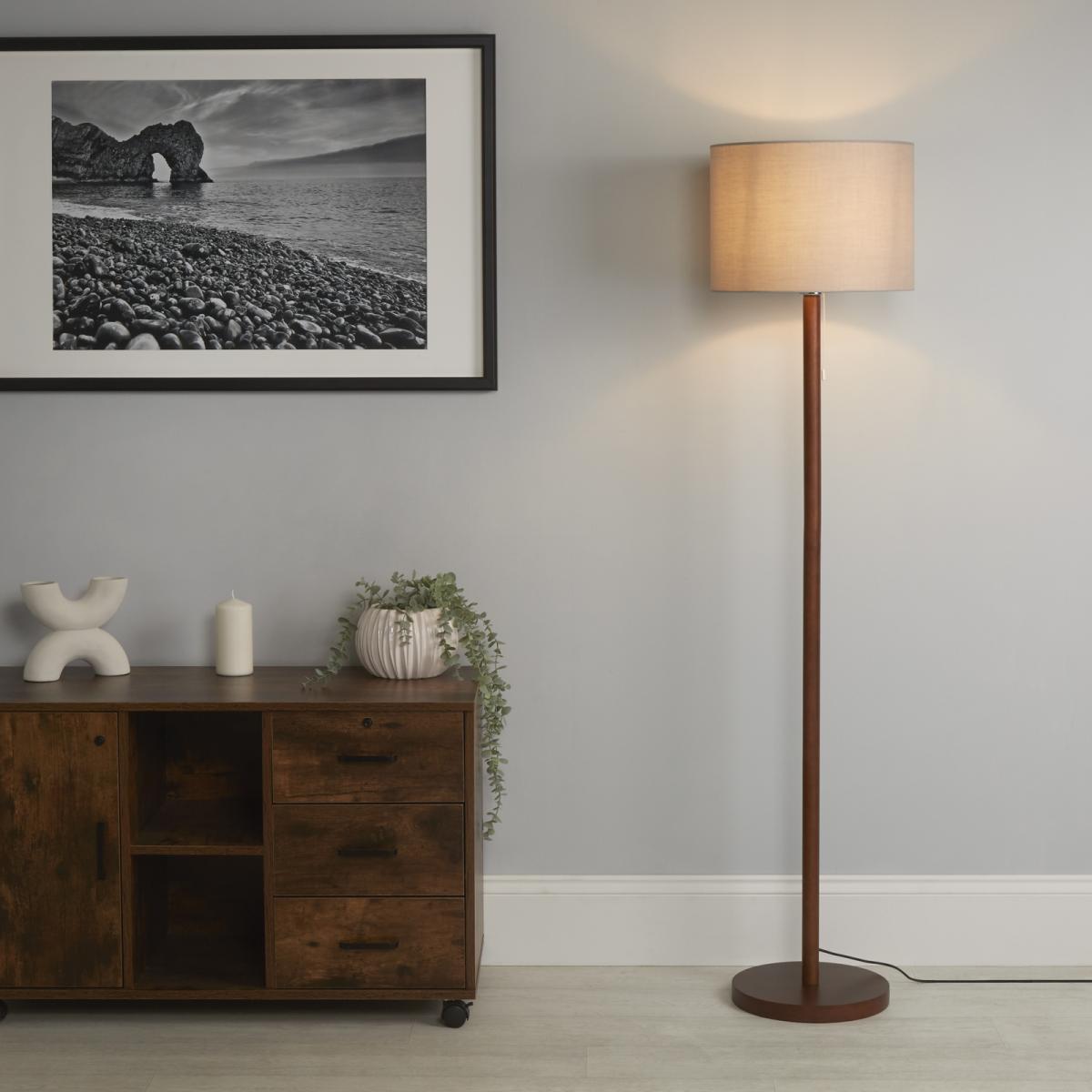 Dark Wood Floor Lamp with Grey Shade – image 1