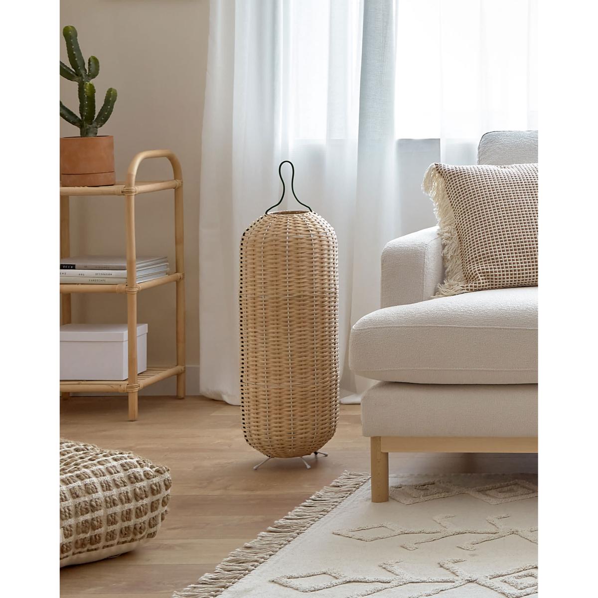 Large Lumisa floor lamp in rattan with natural finish and green cord UK adapter – image 4