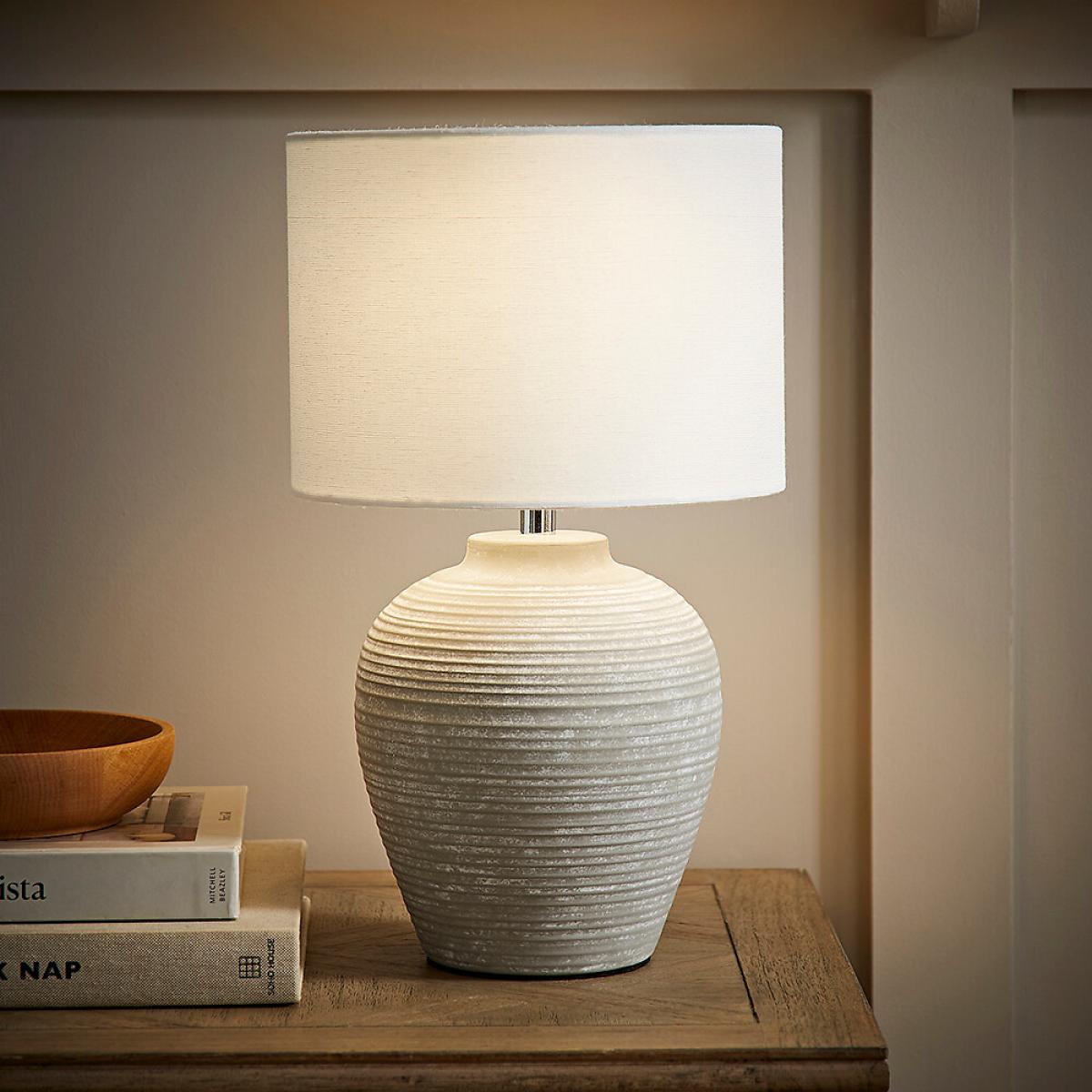 Small Stone Grey Ribbed Ceramic Table Lamp with Linen Shade – image 2