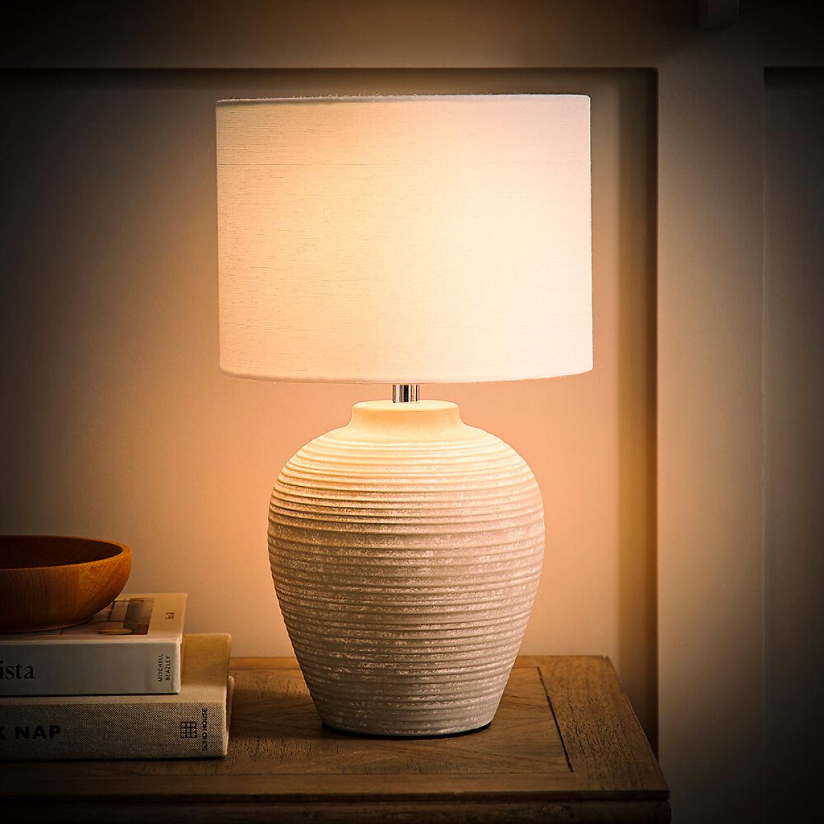 Small Stone Grey Ribbed Ceramic Table Lamp with Linen Shade – image 3
