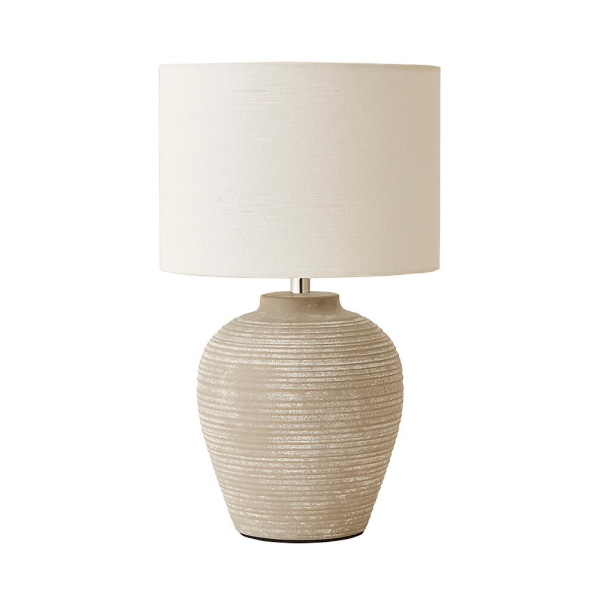 Small Stone Grey Ribbed Ceramic Table Lamp with Linen Shade – image 6