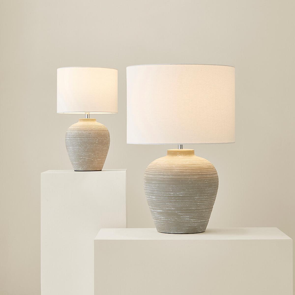 Small Stone Grey Ribbed Ceramic Table Lamp with Linen Shade – image 8