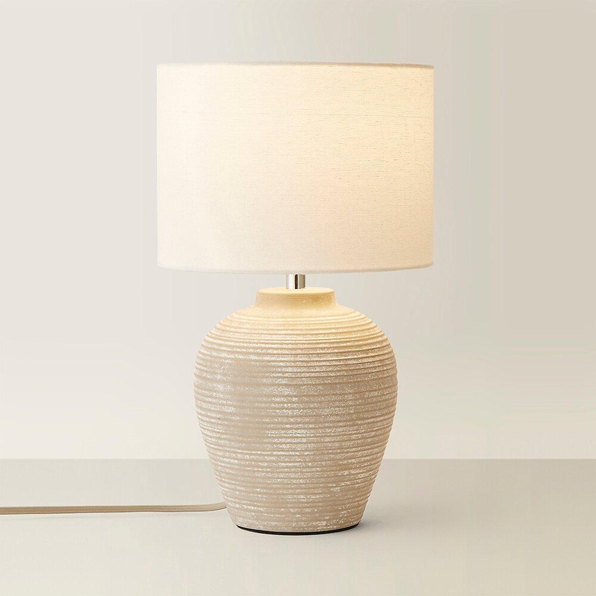 Small Stone Grey Ribbed Ceramic Table Lamp with Linen Shade – image 1