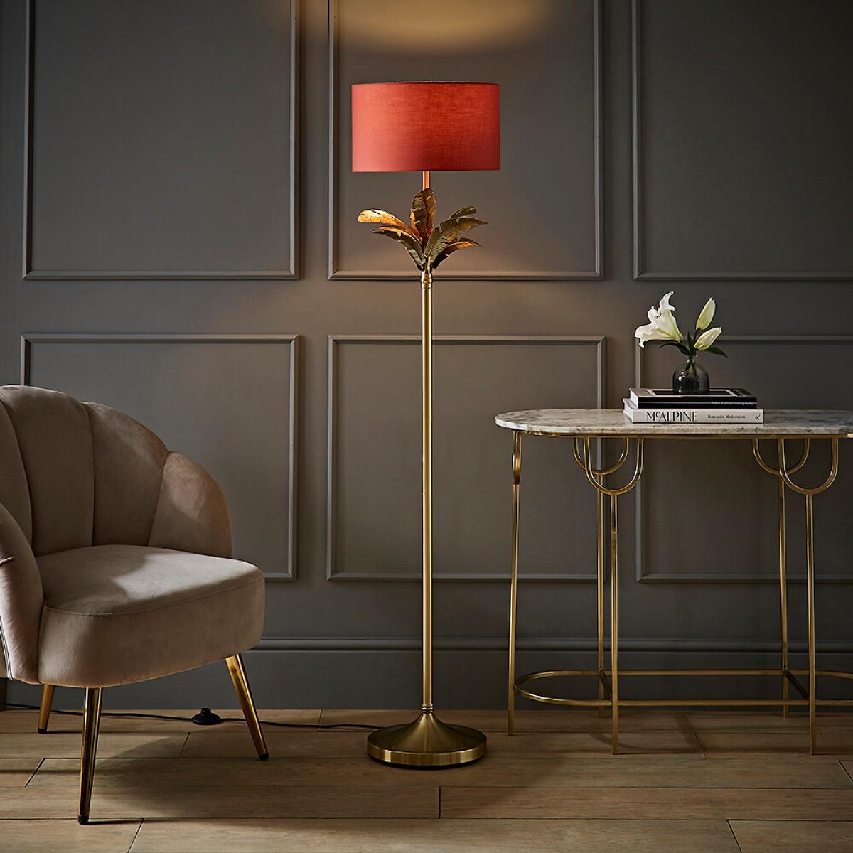 Gold Palm Leaf Floor Lamp with Fabric Drum Shade – image 2