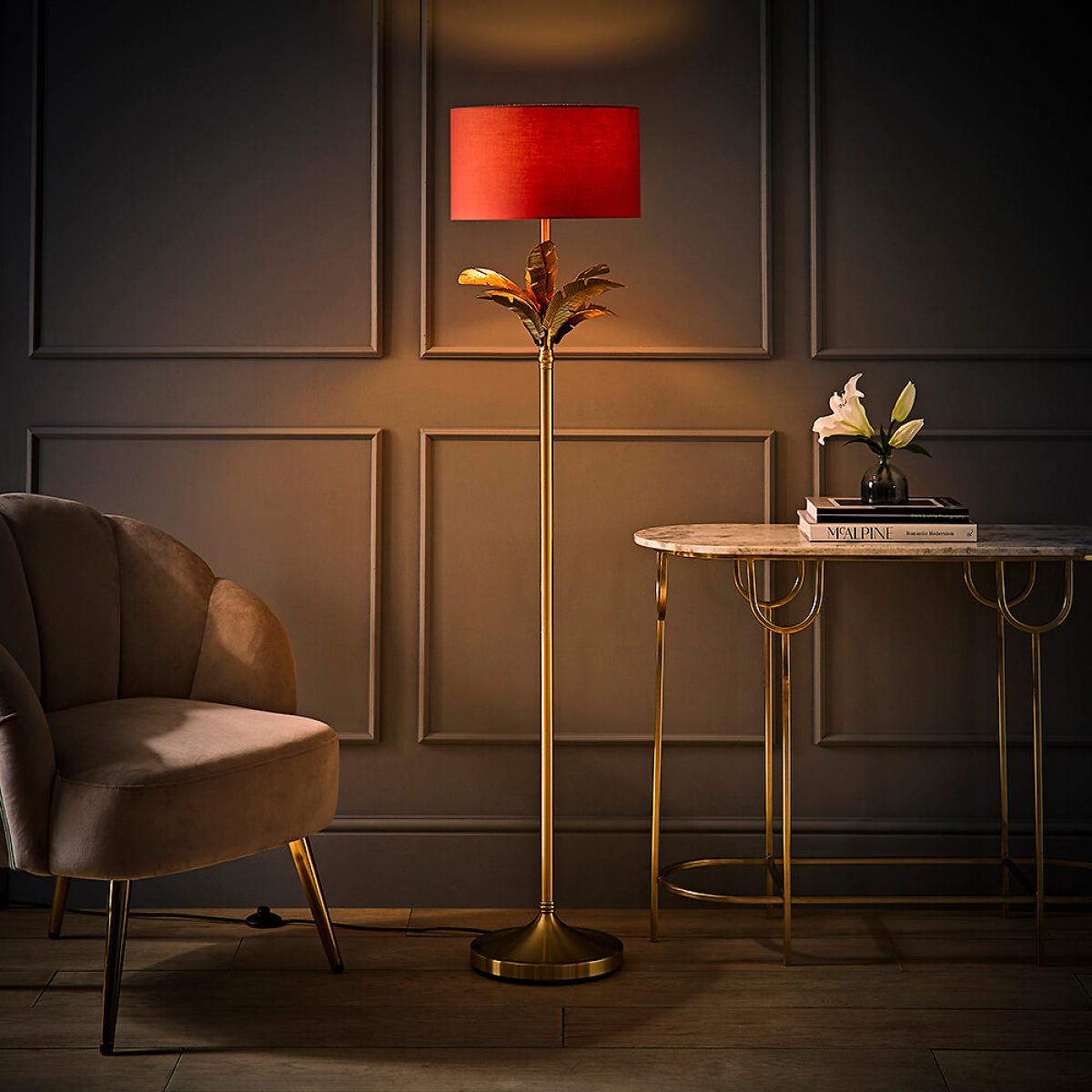 Gold Palm Leaf Floor Lamp with Fabric Drum Shade – image 3