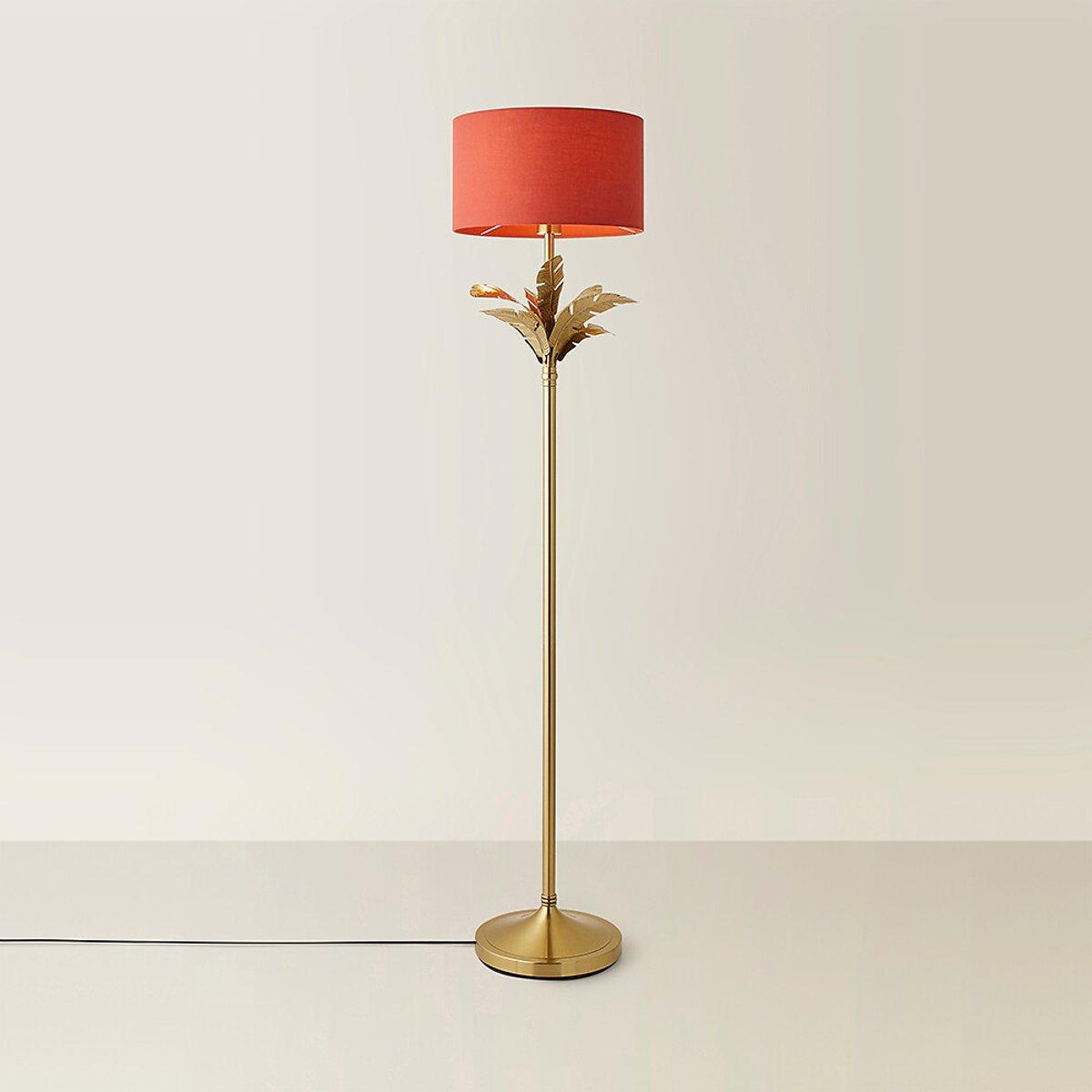 Gold Palm Leaf Floor Lamp with Fabric Drum Shade – image 1