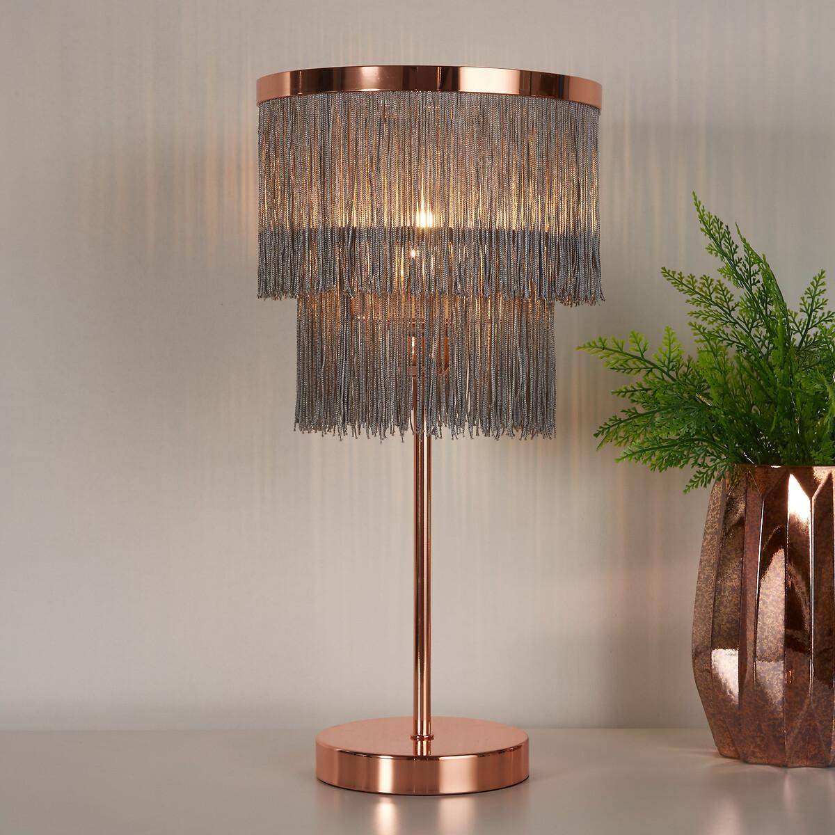 2 Tier Fringed Rose Gold and Grey Table Lamp – image 2