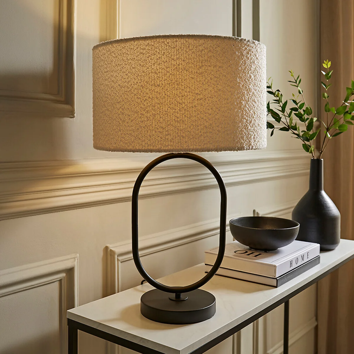 Aubrey Matte Black Oval Table Lamp with Boucle Drum Shade – image 2