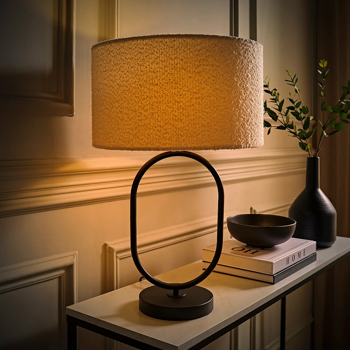 Aubrey Matte Black Oval Table Lamp with Boucle Drum Shade – image 3