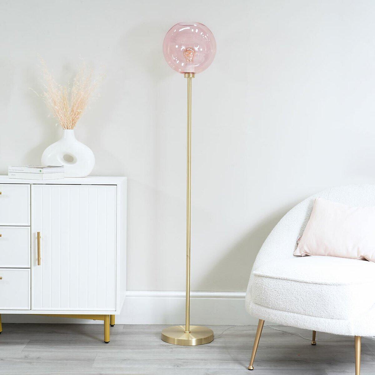 Brushed Gold and Pink Globe Floor Lamp – image 1