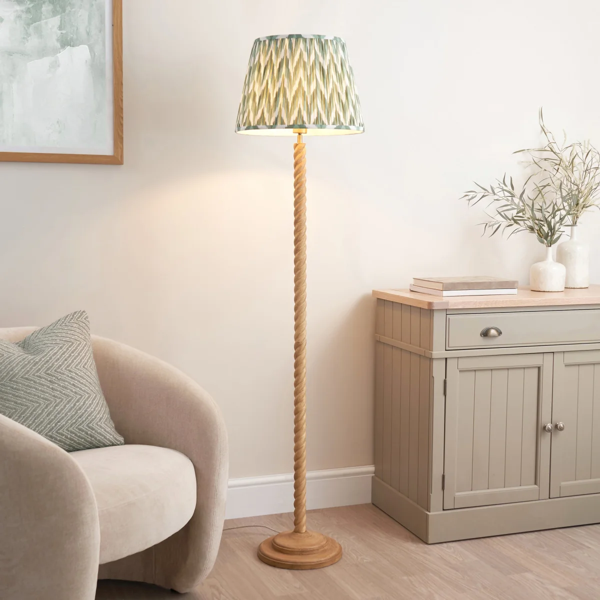 Twist Oak Effect Floor Lamp with Green Zigzag Shade – image 1