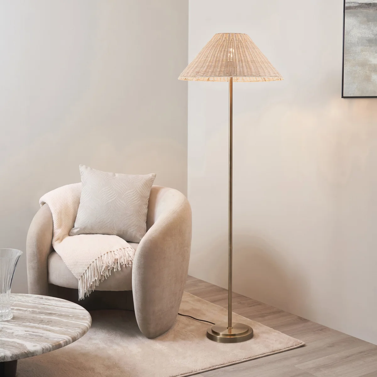 Arlo Antique Brass Floor Lamp with Natural Rattan Shade – image 1