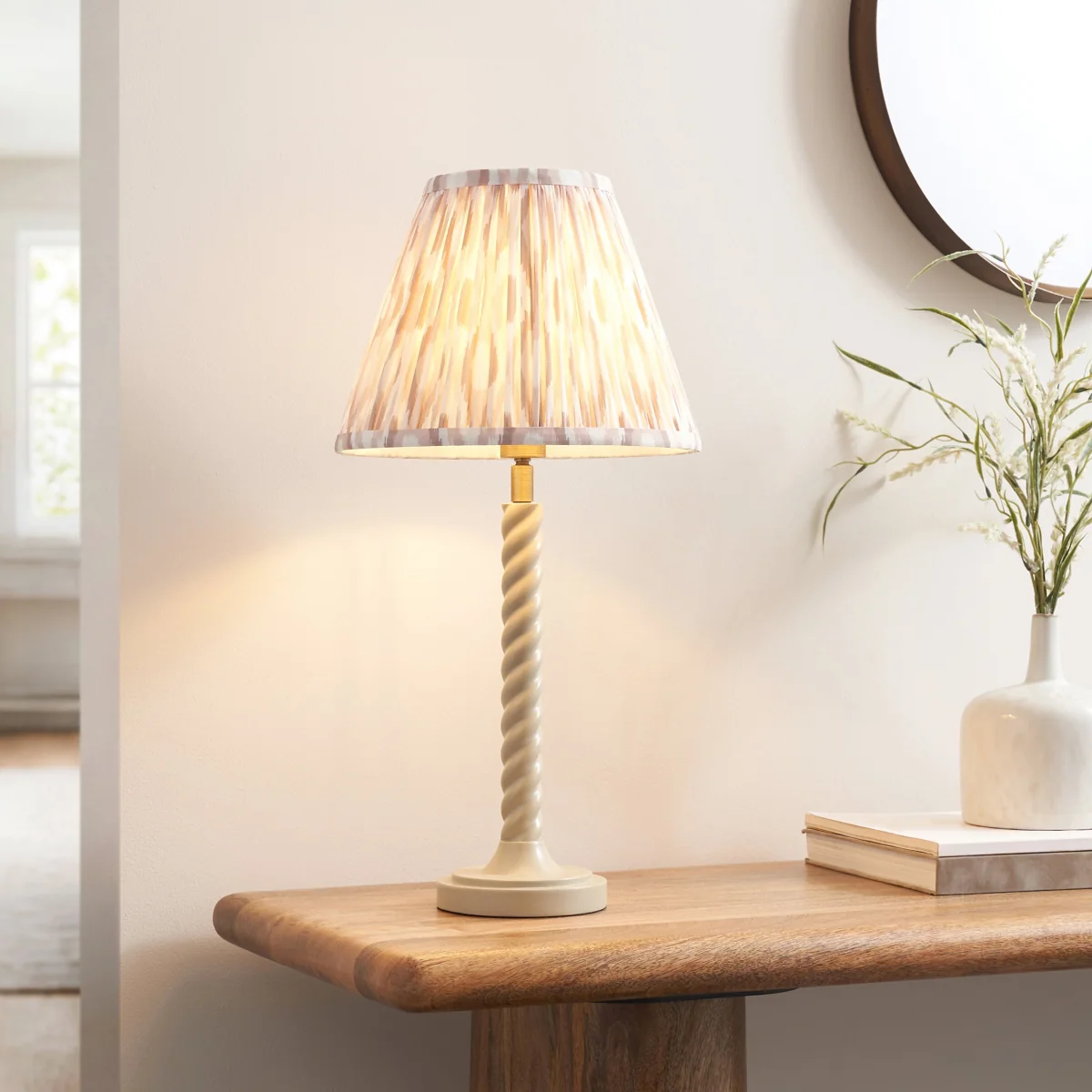 Twist Almond White Table Lamp with Neutral Ikat Shade – image 1