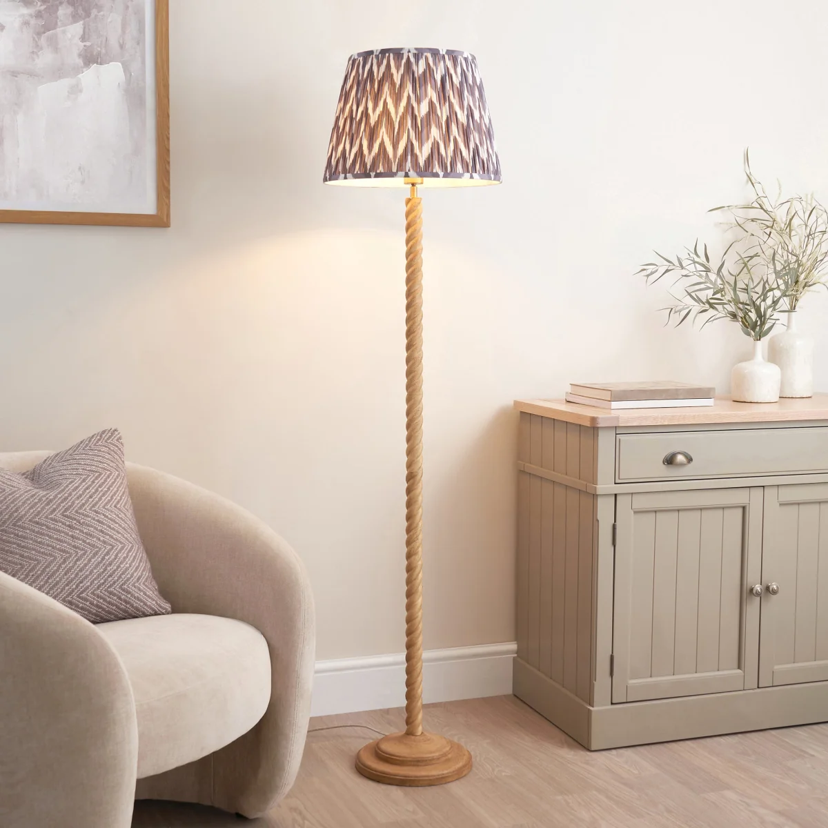 Twist Oak Effect Floor Lamp with Grey Zigzag Shade – image 1
