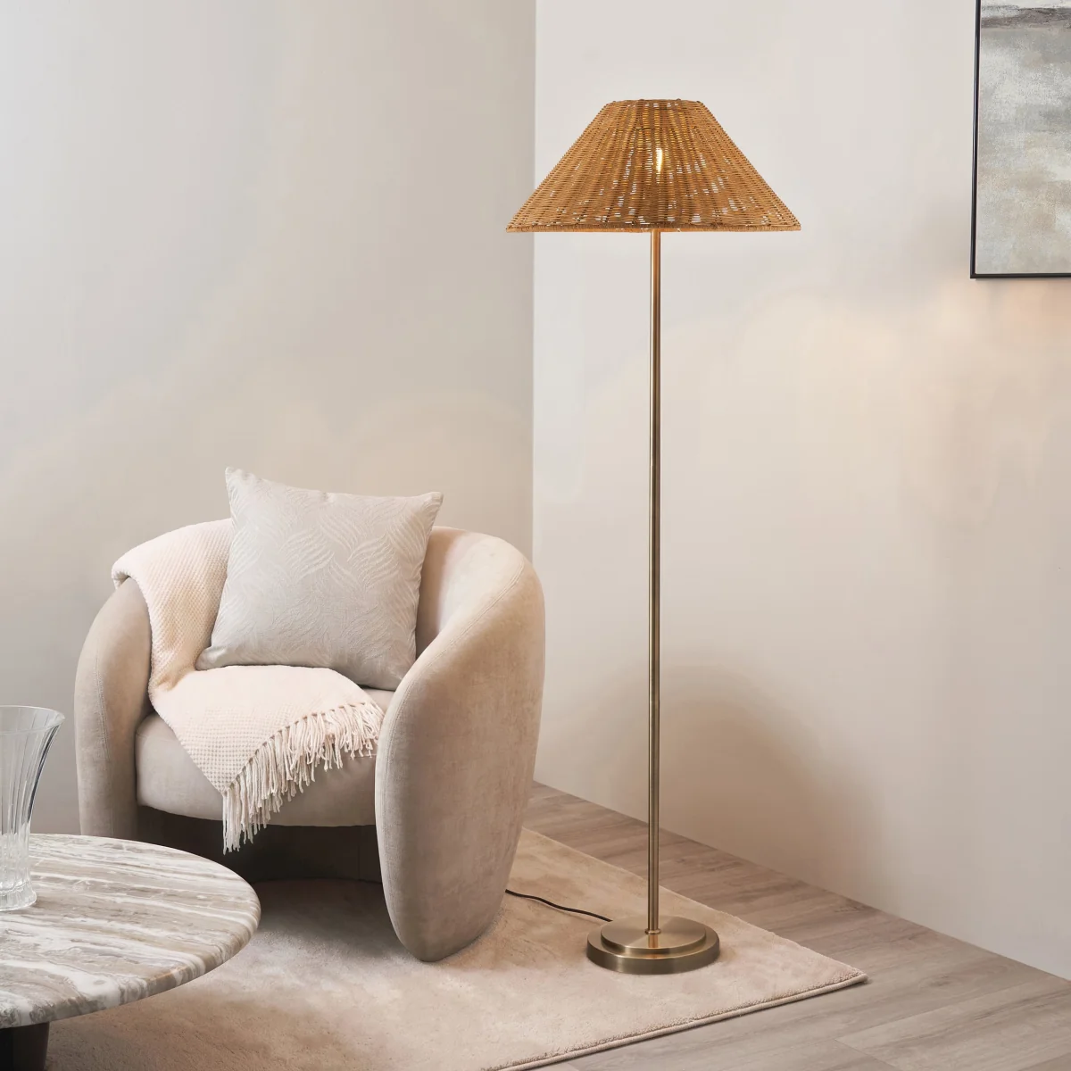 Arlo Antique Brass Floor Lamp with Dark Rattan Shade – image 1