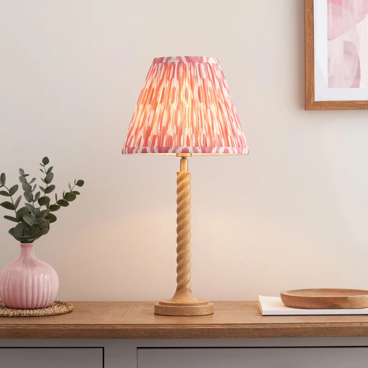 Twist Oak Effect Table Lamp with Pink Ikat Shade – image 1