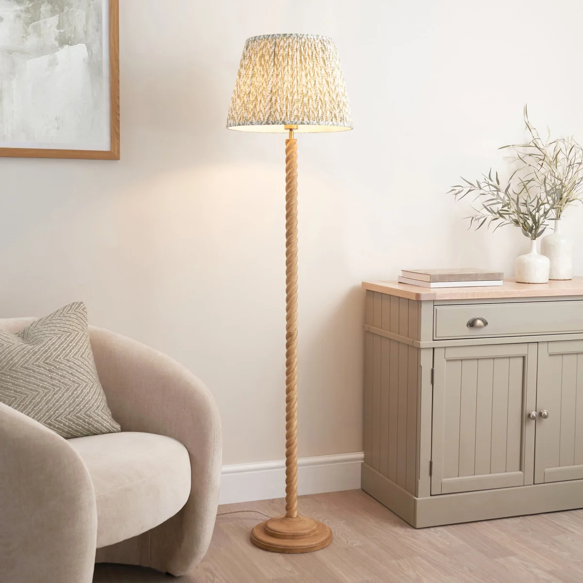 Twist Oak Effect Floor Lamp with Green Leaf Shade – image 1