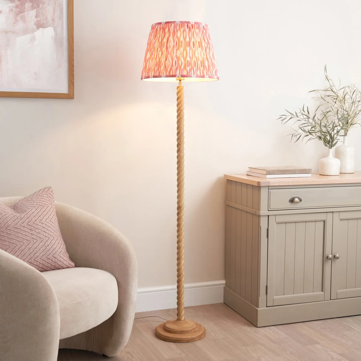Twist Oak Effect Floor Lamp with Pink Ikat Shade – image 1