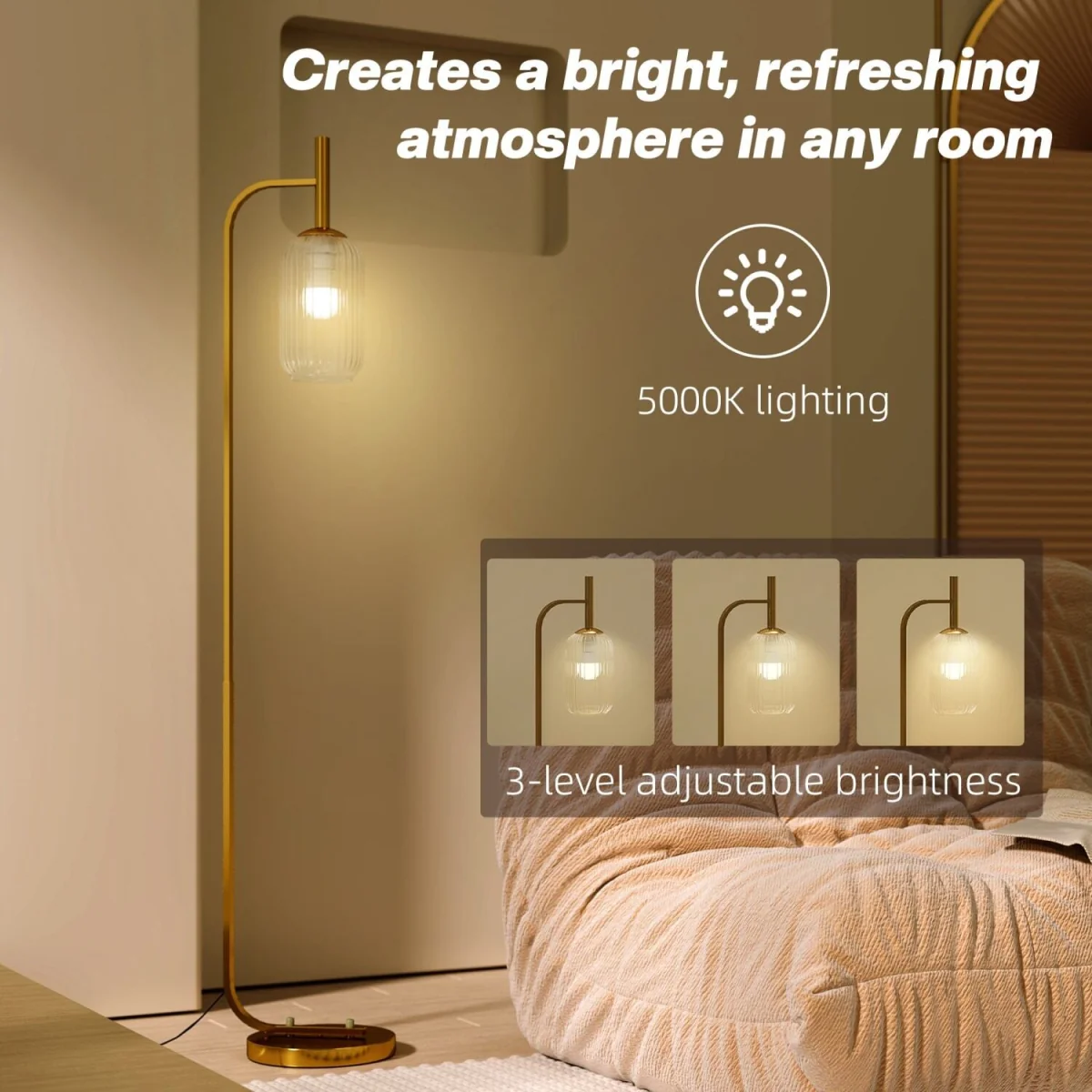 Zizi Gold Tone LED Floor Lamp with Textured Glass Shade – image 6