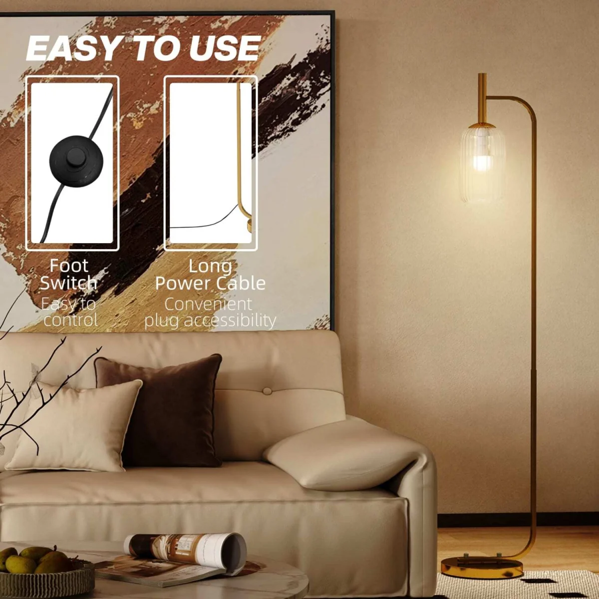 Zizi Gold Tone LED Floor Lamp with Textured Glass Shade – image 7