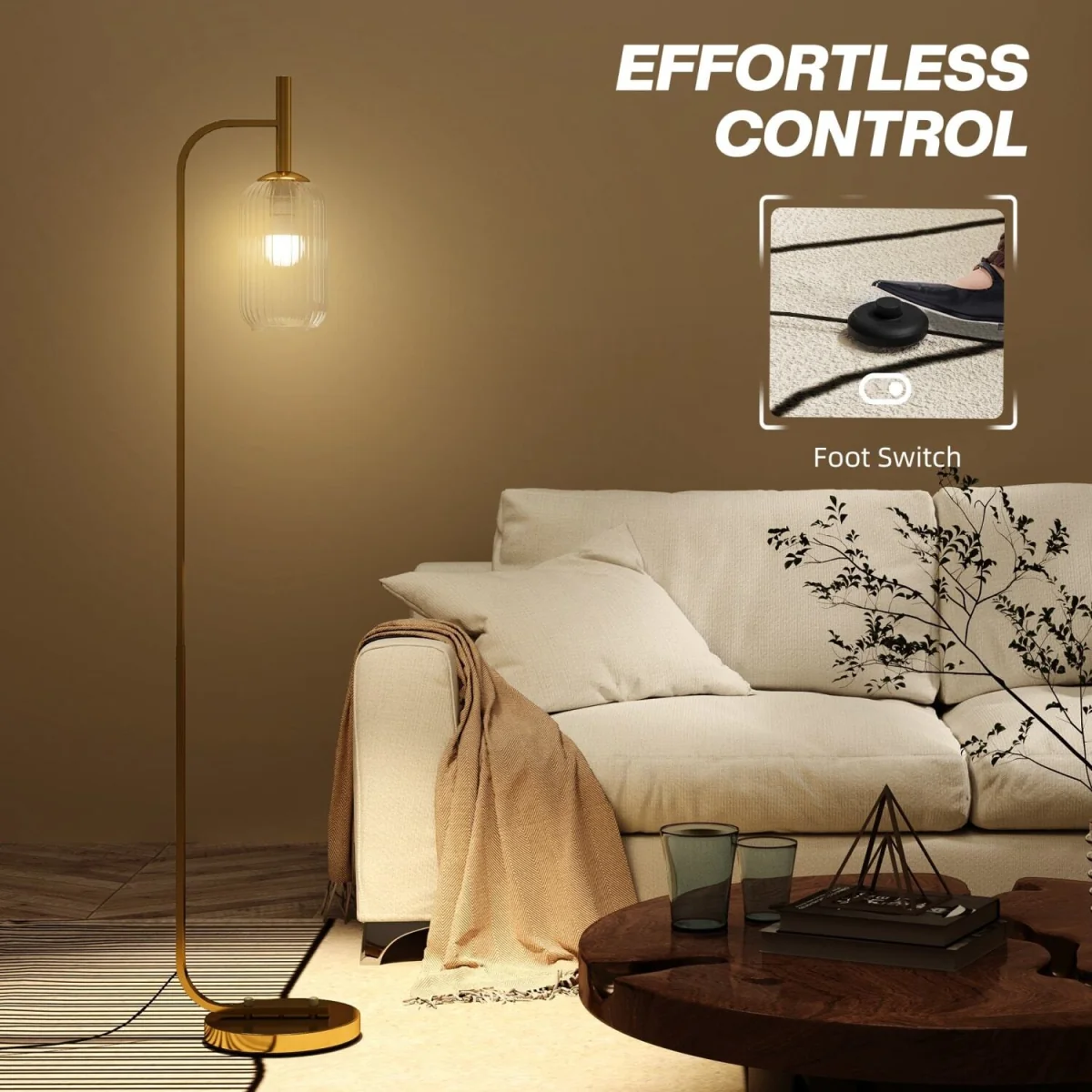 Zizi Gold Tone LED Floor Lamp with Textured Glass Shade – image 8