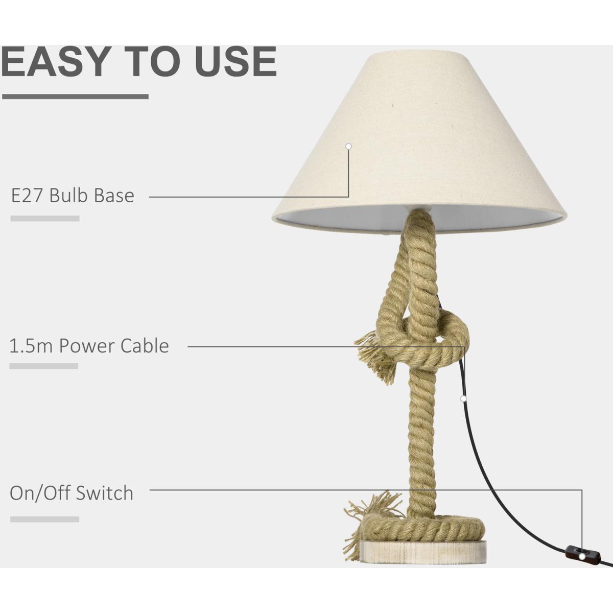 Nautical Bedside Lamp with E27 Bulb Base Lampshade for Living Room - Beige, Brown – image 5