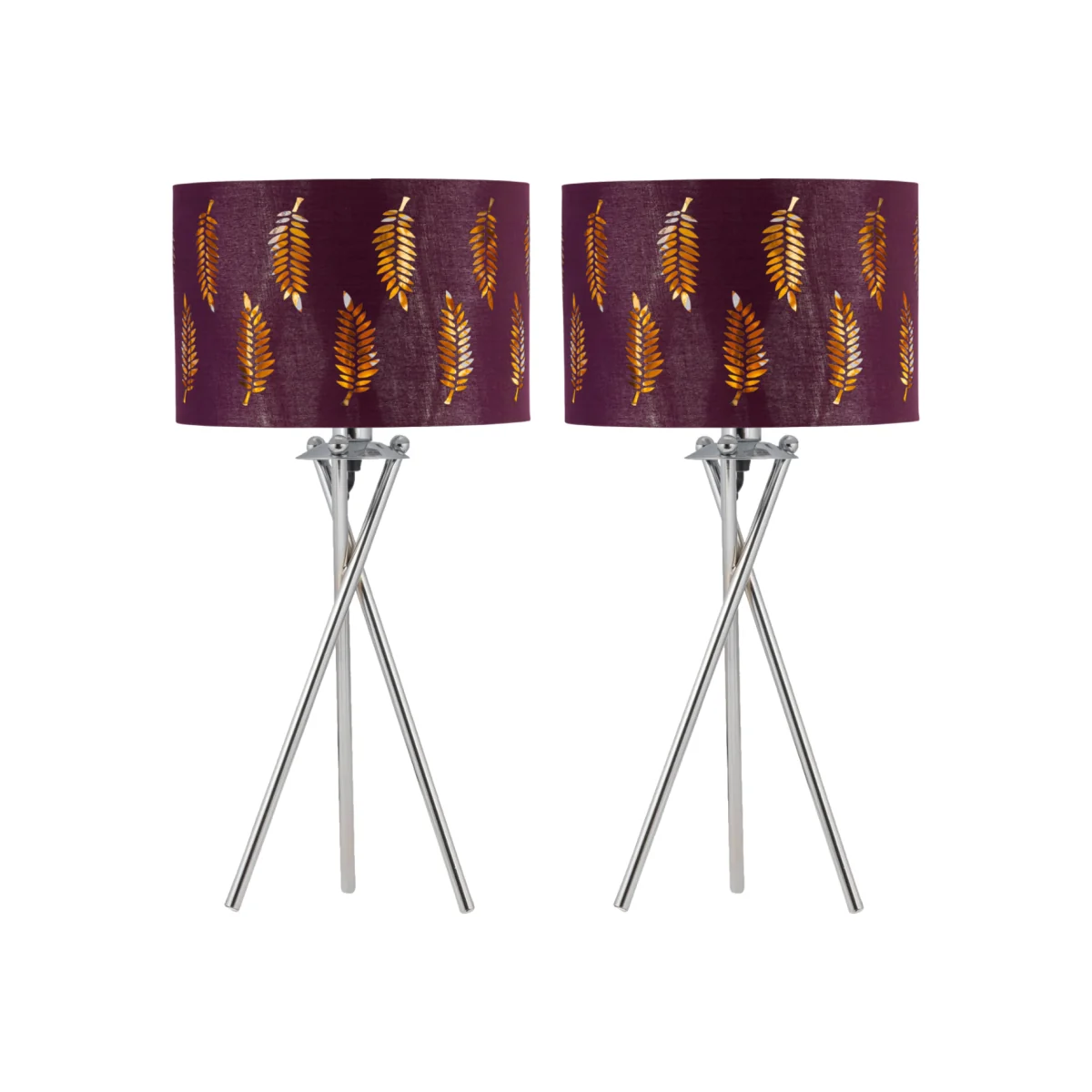 Set Of 2 Chrome Tripod Table Lamps With Burgundy Fern Cut Out Shades - Chrome & Burgundy – image 1