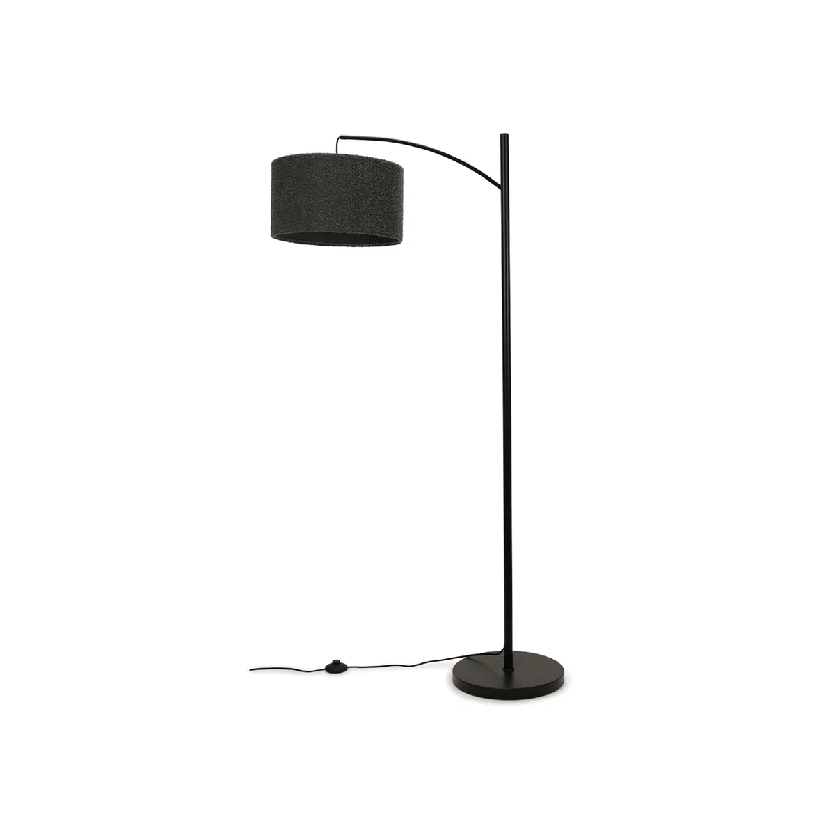 Preto Black Metal Curved Floor Lamp With Grey Boucle Shade - Grey
