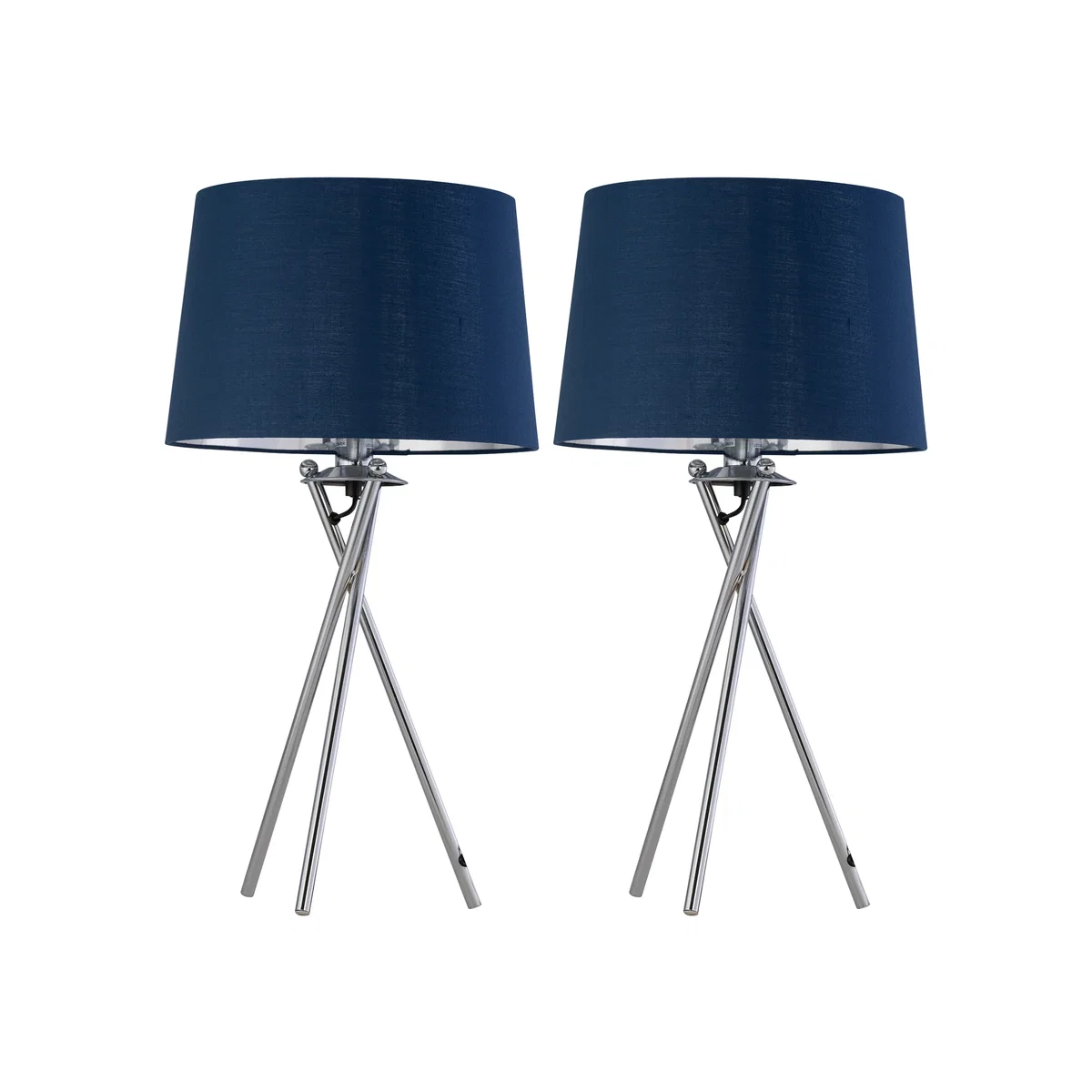 Set Of 2 Tripod Chrome Lamps With Navy Blue & Silver Fabric Shade - Chrome & Blue – image 1