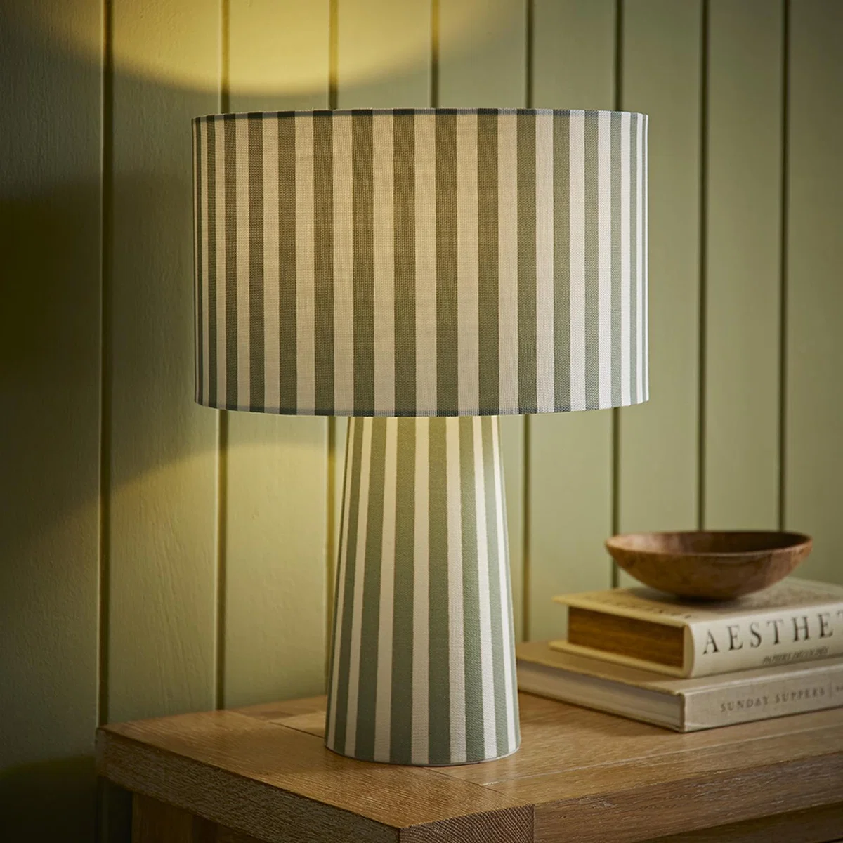 Thorley Stripe Fabric Table Lamp with Drum Shade and LED Bulb - Green
