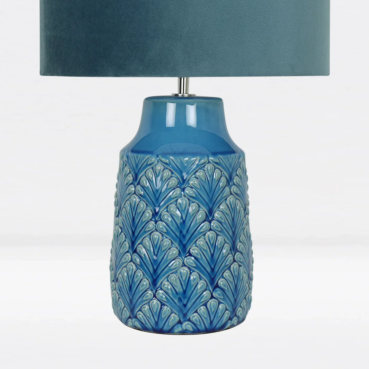 Set Of 2 Peacock Table Lamp With Shades - Translucent Teal Glaze And Teal Faux Velour – image 2