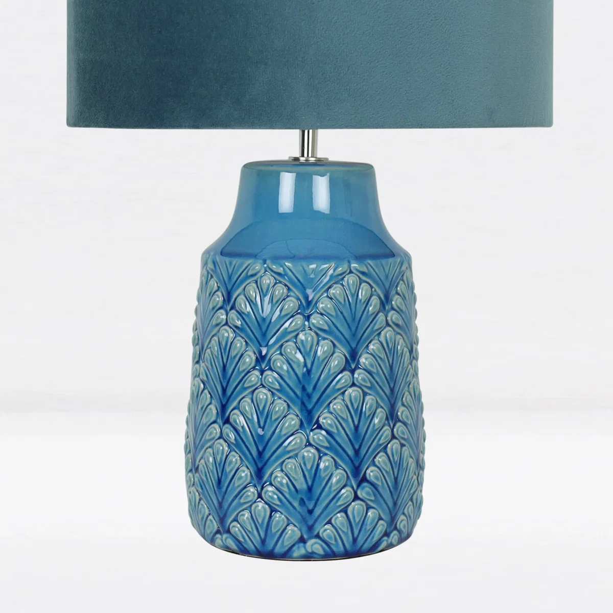 Set Of 2 Peacock Table Lamp With Shades - Translucent Teal Glaze And Teal Faux Velour – image 5